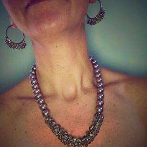 Gray stone & lilac faux pearl necklace & earrings